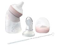 Rinkinys Marcus & Marcus Silicone Angled Feeding Bottle & Spoon, 120 ml, 0 mėn., rožinė