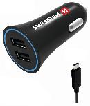 Automobilinis įkroviklis Swissten, 2 x USB/USB-C, juoda