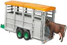 Priekaba Bruder Cattle Transport Trailer With Cow 02227, 1:16, pilka