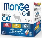 Šlapias kačių maistas Monge Grill Sterilised Cat, vištiena/veršiena/upėtakis, 1.02 kg, 12 vnt.