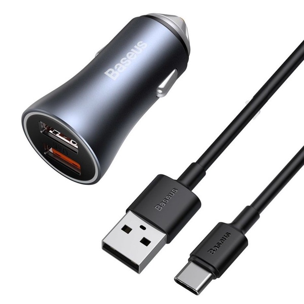 Automobilinis įkroviklis Baseus, 2 x USB/USB-C, 100 cm, pilka sp., 40 W
