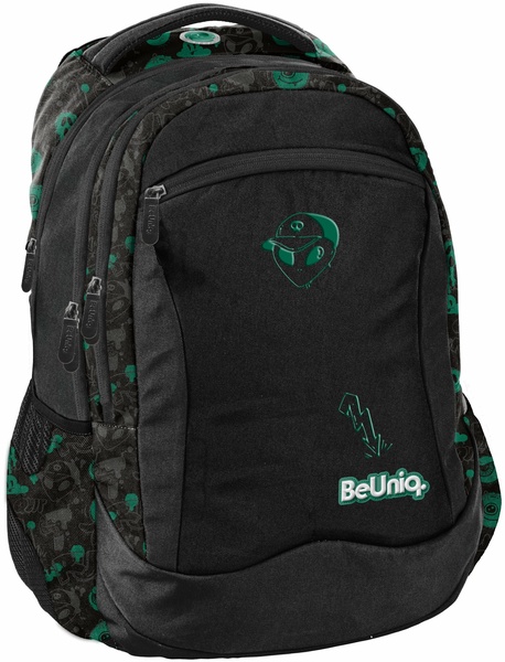 Mokyklinė kuprinė Paso BeUniq Ufo, juoda sp./žalia sp., 30 cm x 18 cm x 41 cm
