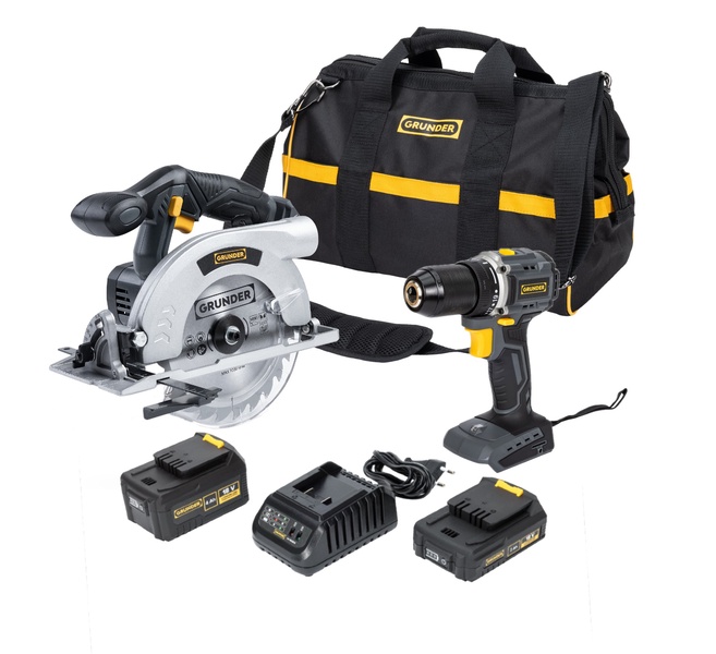 Akumuliatorinių įrankių rinkinys su akumuliatoriumi Grunder CD-B0A18+CS-L1118, 18 V, 2 Ah/4 Ah