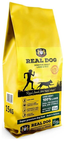 Sausas šunų maistas Real Dog Sensitive Adult, ėriena/ryžiai, 15 kg