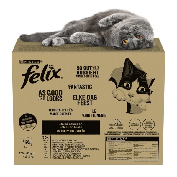 Šlapias kačių maistas Purina Felix Mix, jautiena/vištiena/tunas, 0.085 kg x 120 vnt.