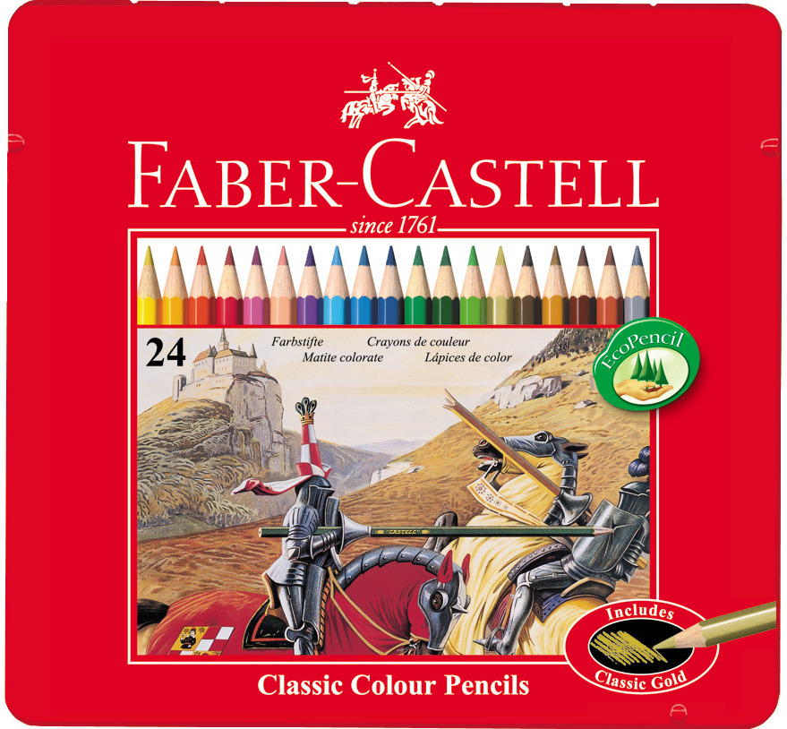 Spalvoti pieštukai Faber-Castell KNIGHTS metalinėje dėž., 24 sp.