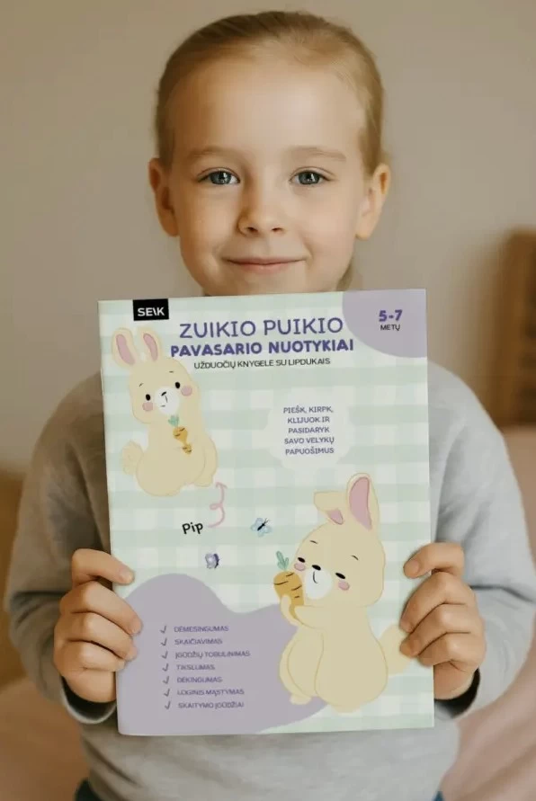 Zuikio puikio pavasario nuotykiai - užduočių knygelė su lipdukais (5-7 metų)