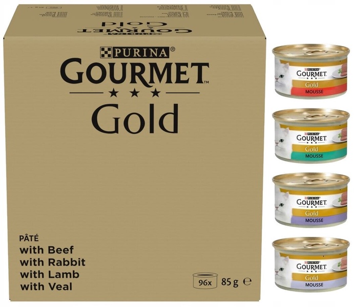Šlapias kačių maistas Purina Gourmet Gold Feine Pastete, ėriena/jautiena/triušiena, 0.085 kg, 96 vnt.