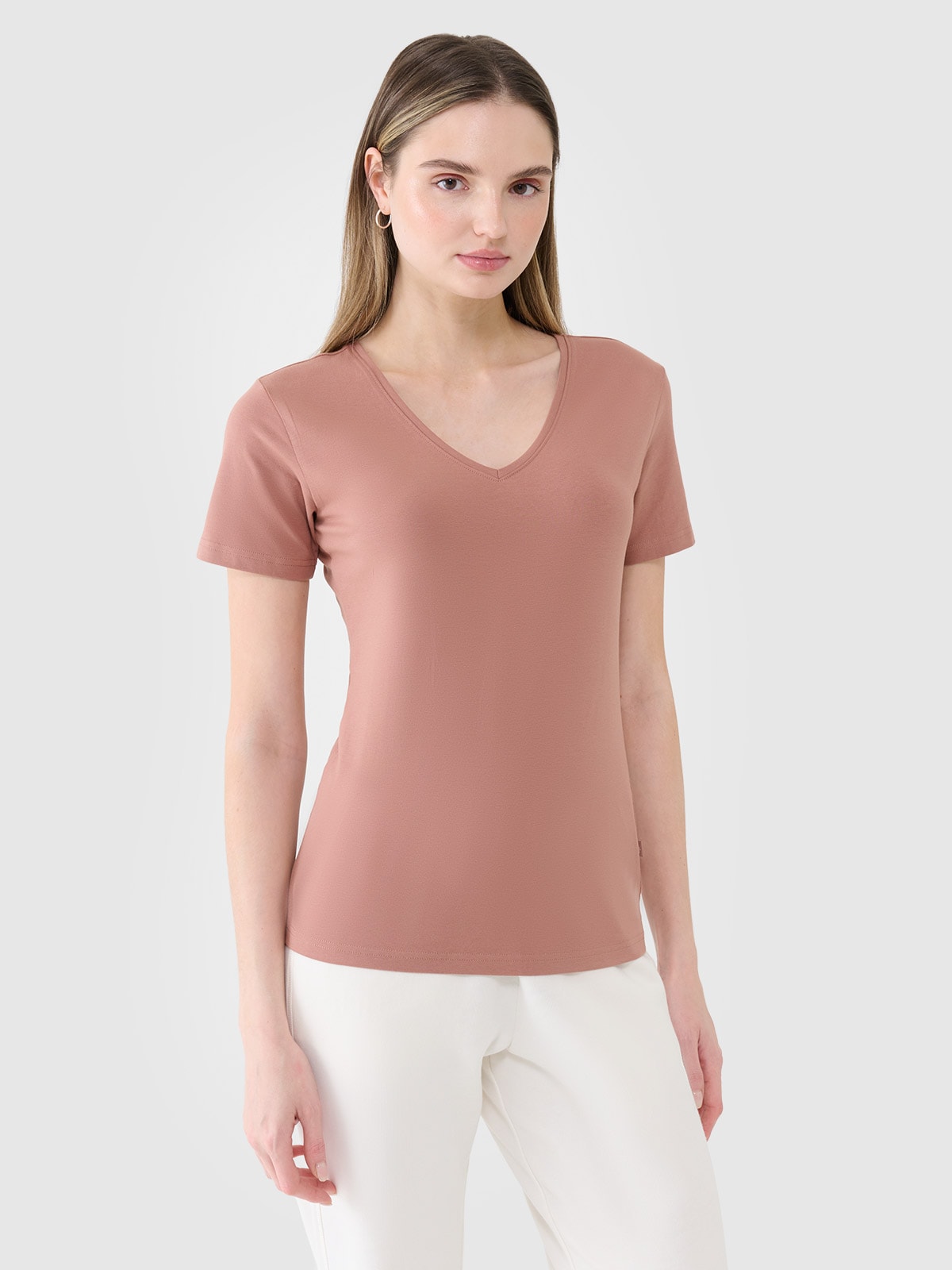 Moteriški T-shirt slim lygus marškinėliai - rudi