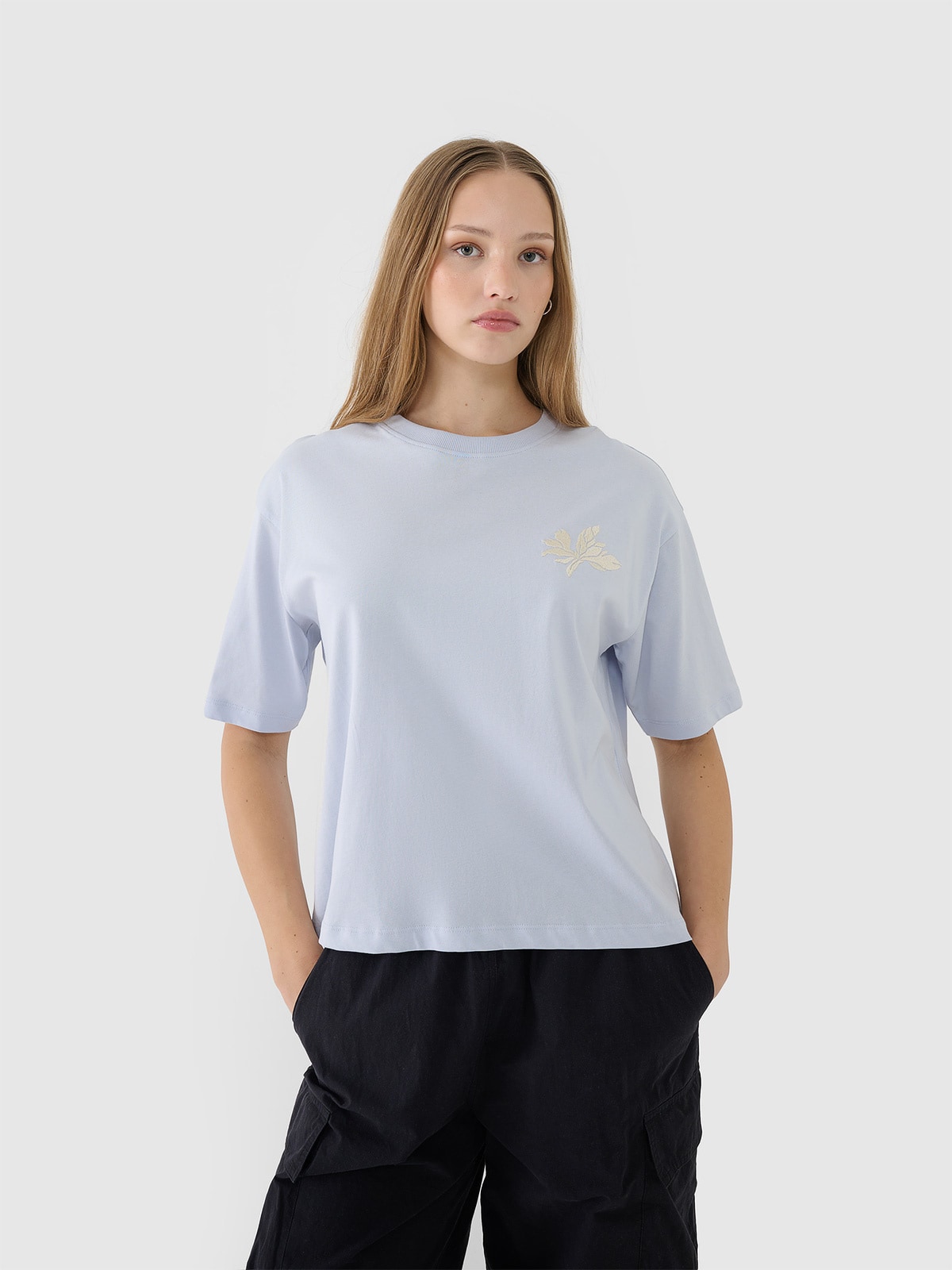 Moteriški T-shirt oversize marškinėliai su grafika - mėlyni