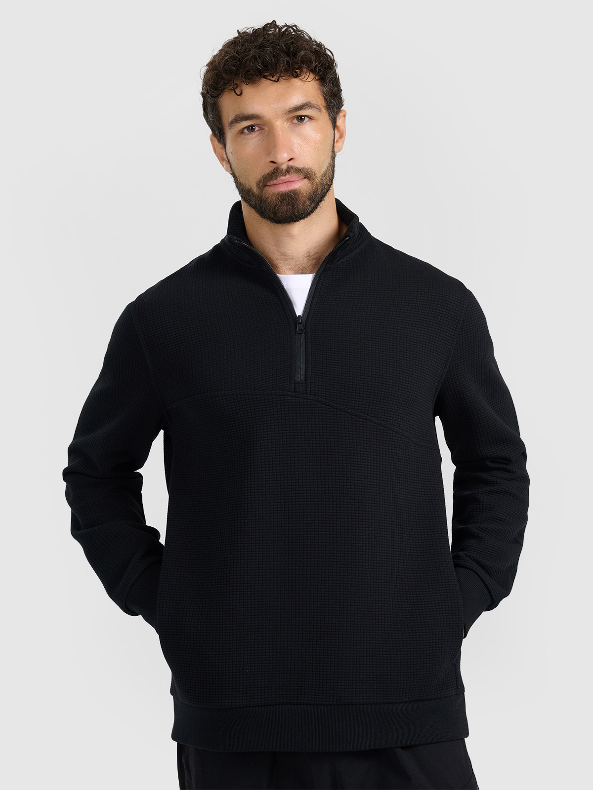 Vyriški vaflio tipo pynimo audinio džemperis - juodas
