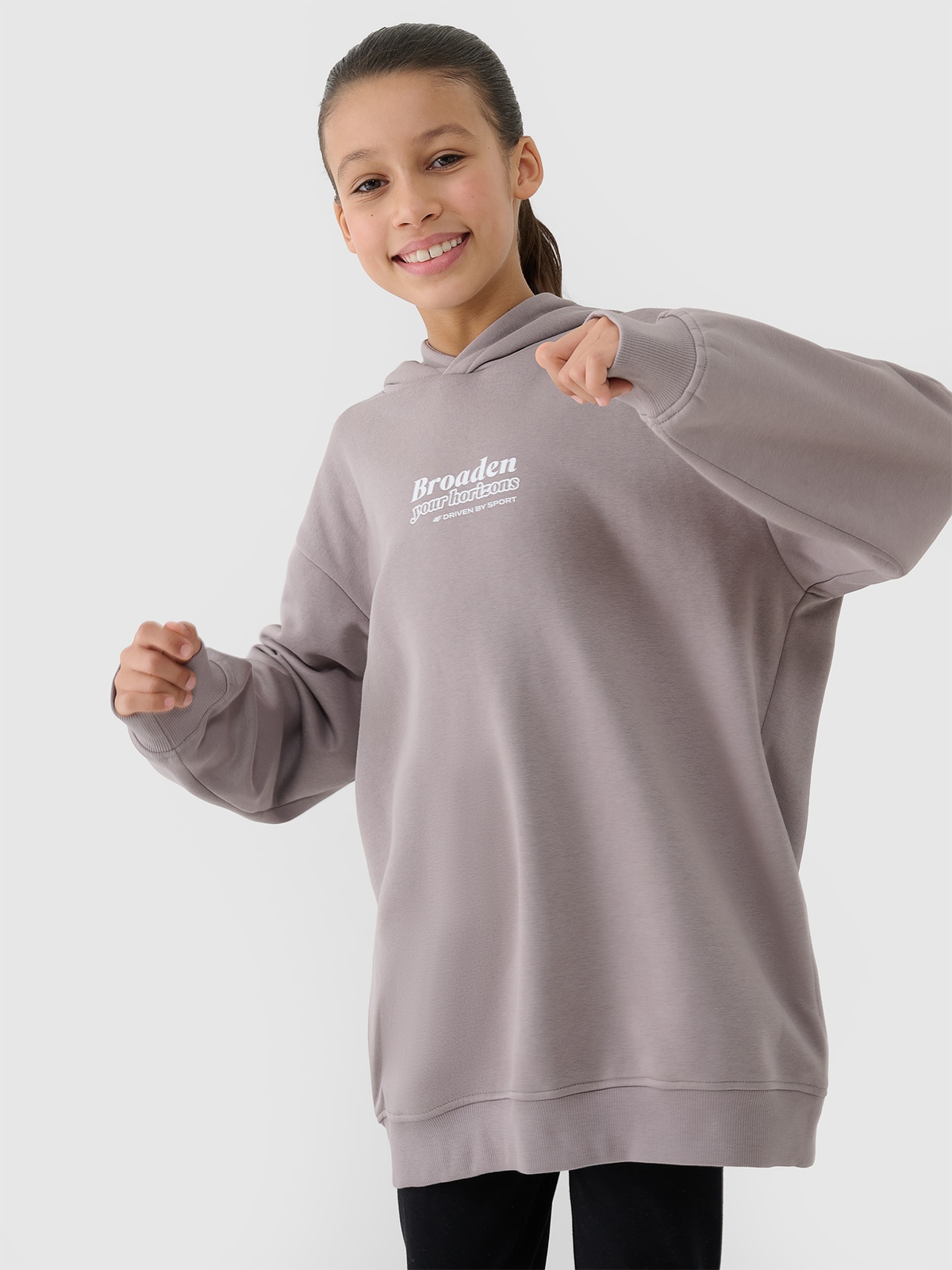 Sportinis neatsegamas džemperis su gobtuvu mergaitėms - smėlio spalvos