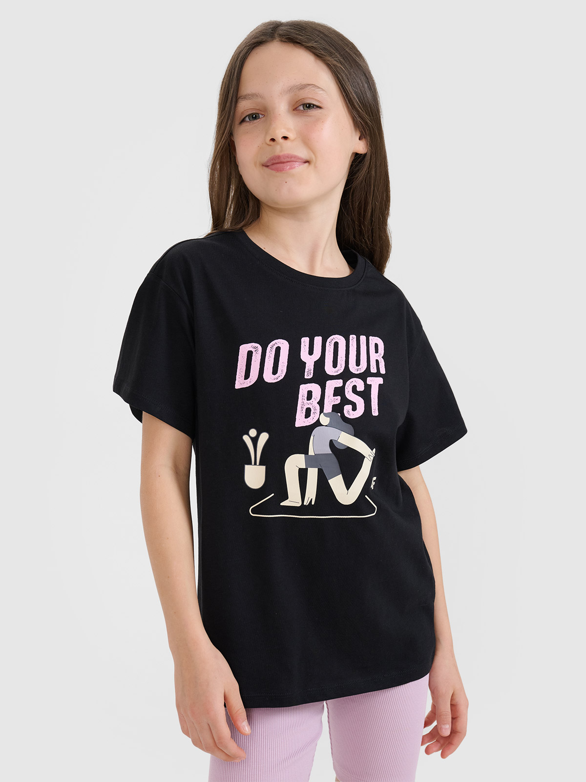 T-shirt regular marškinėliai su spauda mergaitėms - juodi