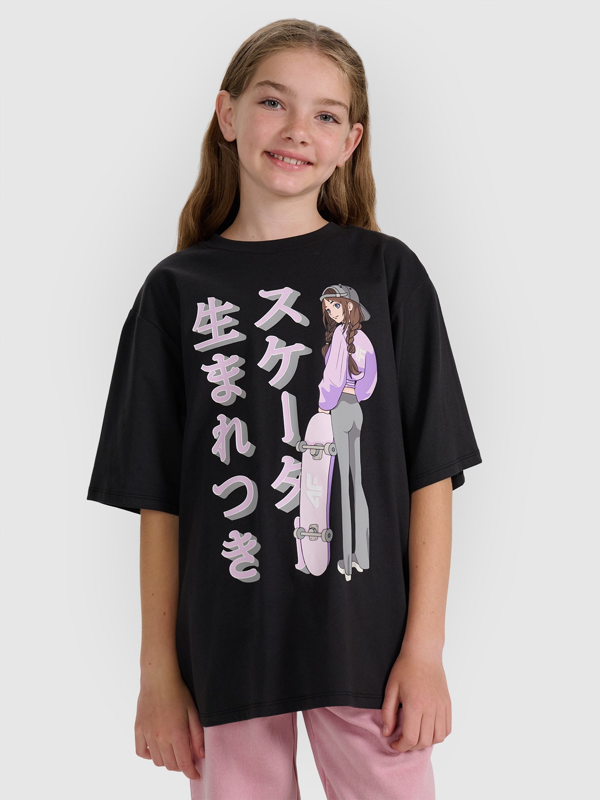 T-shirt oversize marškinėliai su spauda mergaitėms - juodi