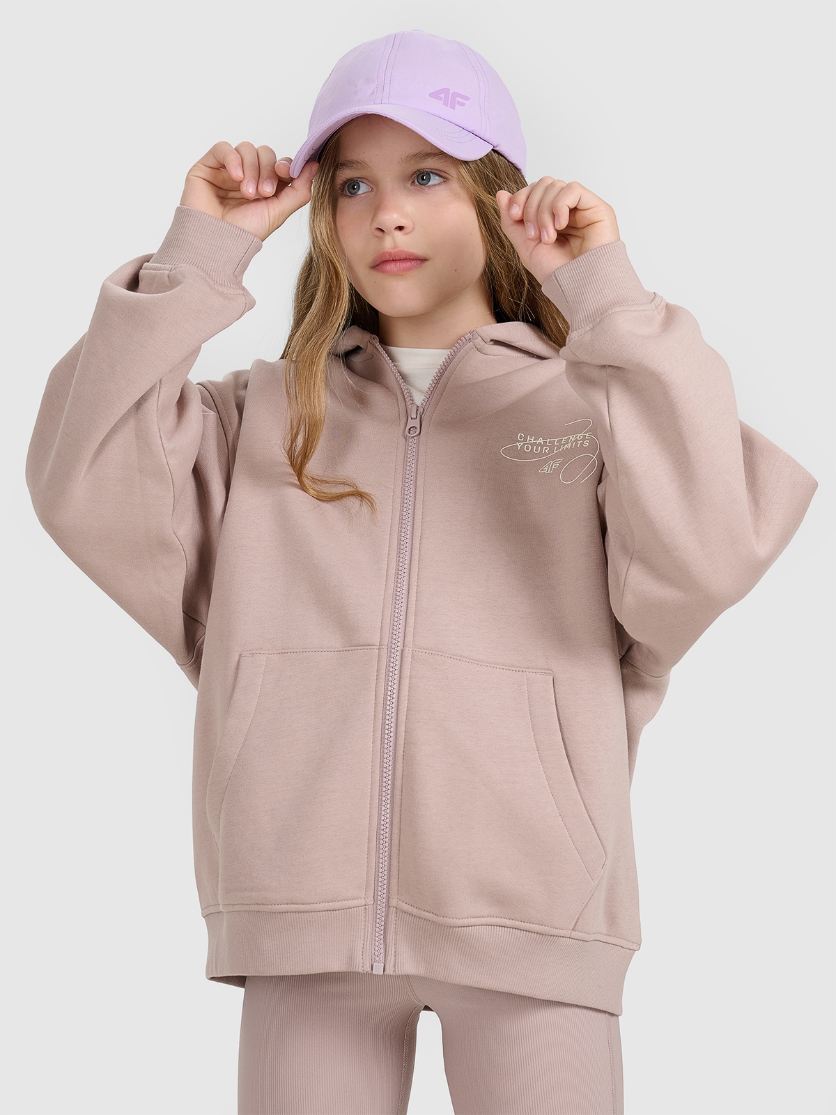 Sportinis atsegamas džemperis su gobtuvu mergaitėms - smėlio spalvos