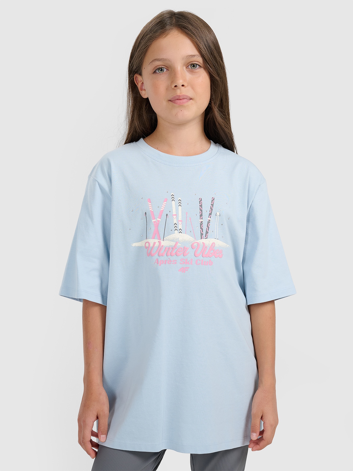 T-shirt loose marškinėliai su spauda mergaitėms - mėlyni