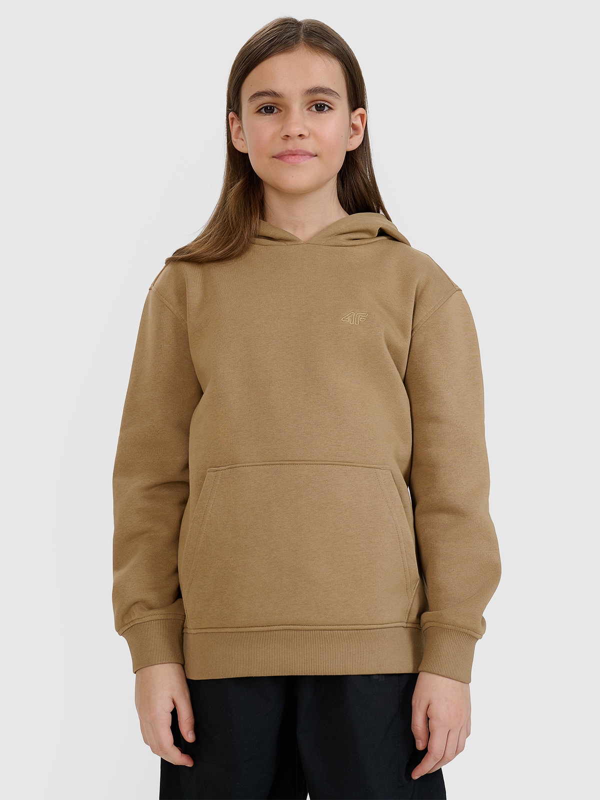 Sportinis neatsegamas džemperis su gobtuvu mergaitėms - smėlio spalvos