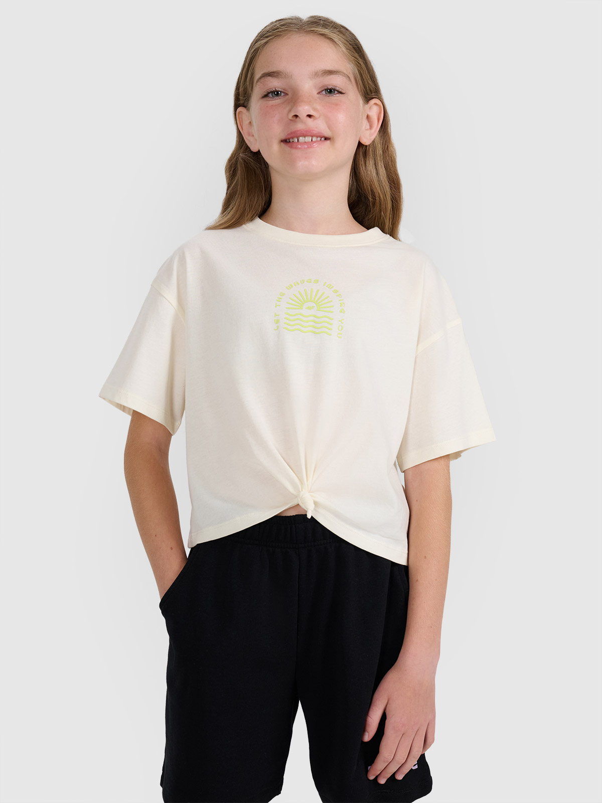 T-shirt oversize crop-top marškinėliai su spauda mergaitėms - balti