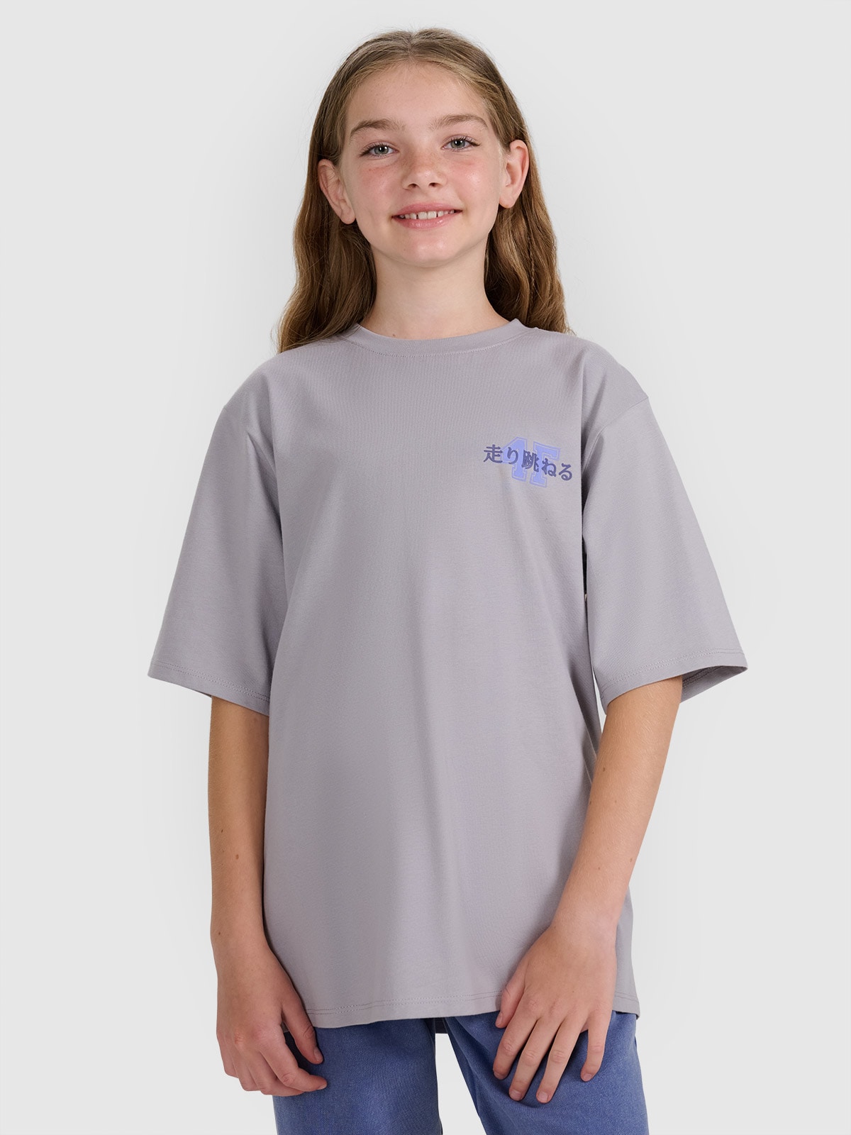 T-shirt oversize marškinėliai su spauda mergaitėms - pilki