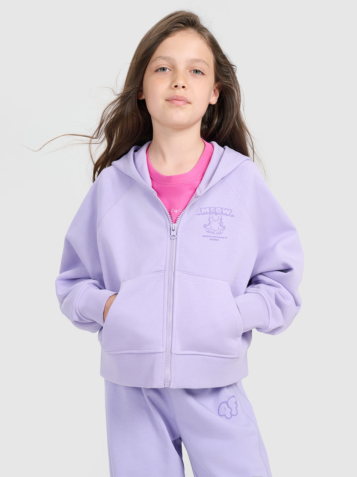 Sportinis atsegamas džemperis su gobtuvu mergaitėms - violetinis
