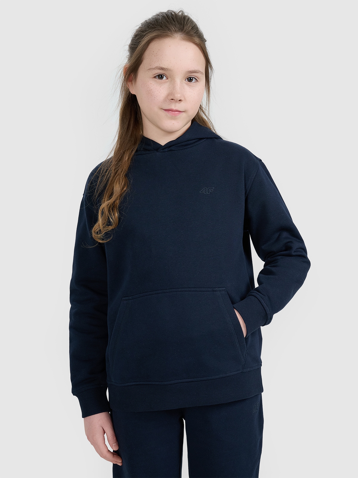 Sportinis neatsegamas džemperis su gobtuvu mergaitėms - tamsiai mėlynas