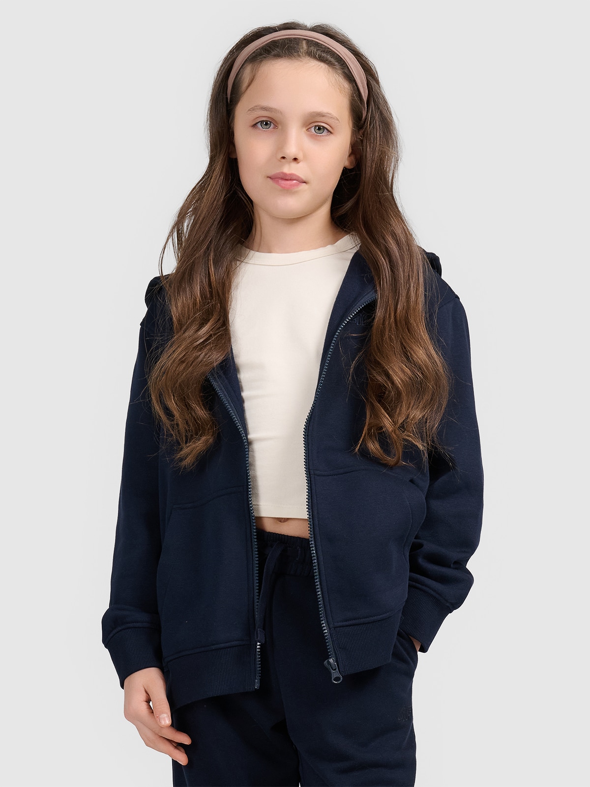 Sportinis atsegamas džemperis su gobtuvu mergaitėms - tamsiai mėlynas