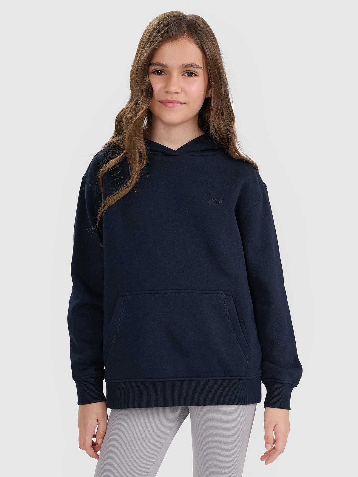 Sportinis neatsegamas džemperis su gobtuvu mergaitėms - tamsiai mėlynas