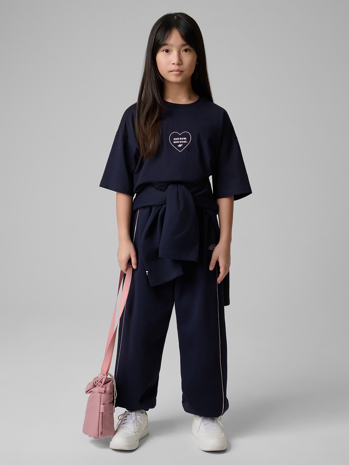 T-shirt loose marškinėliai su spauda mergaitėms - tamsiai mėlyni