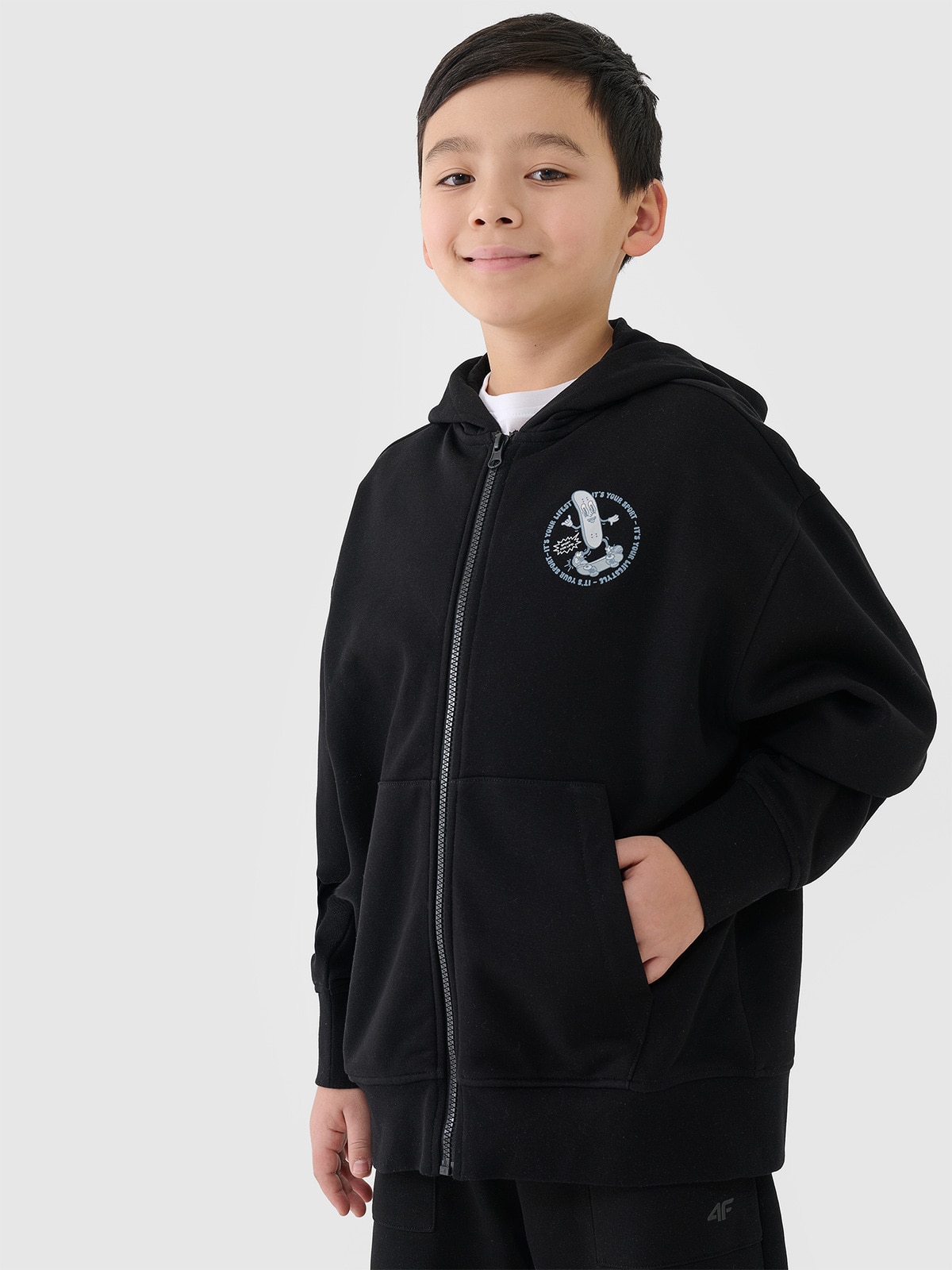 Sportinis atsegamas džemperis su gobtuvu berniukams - juodas