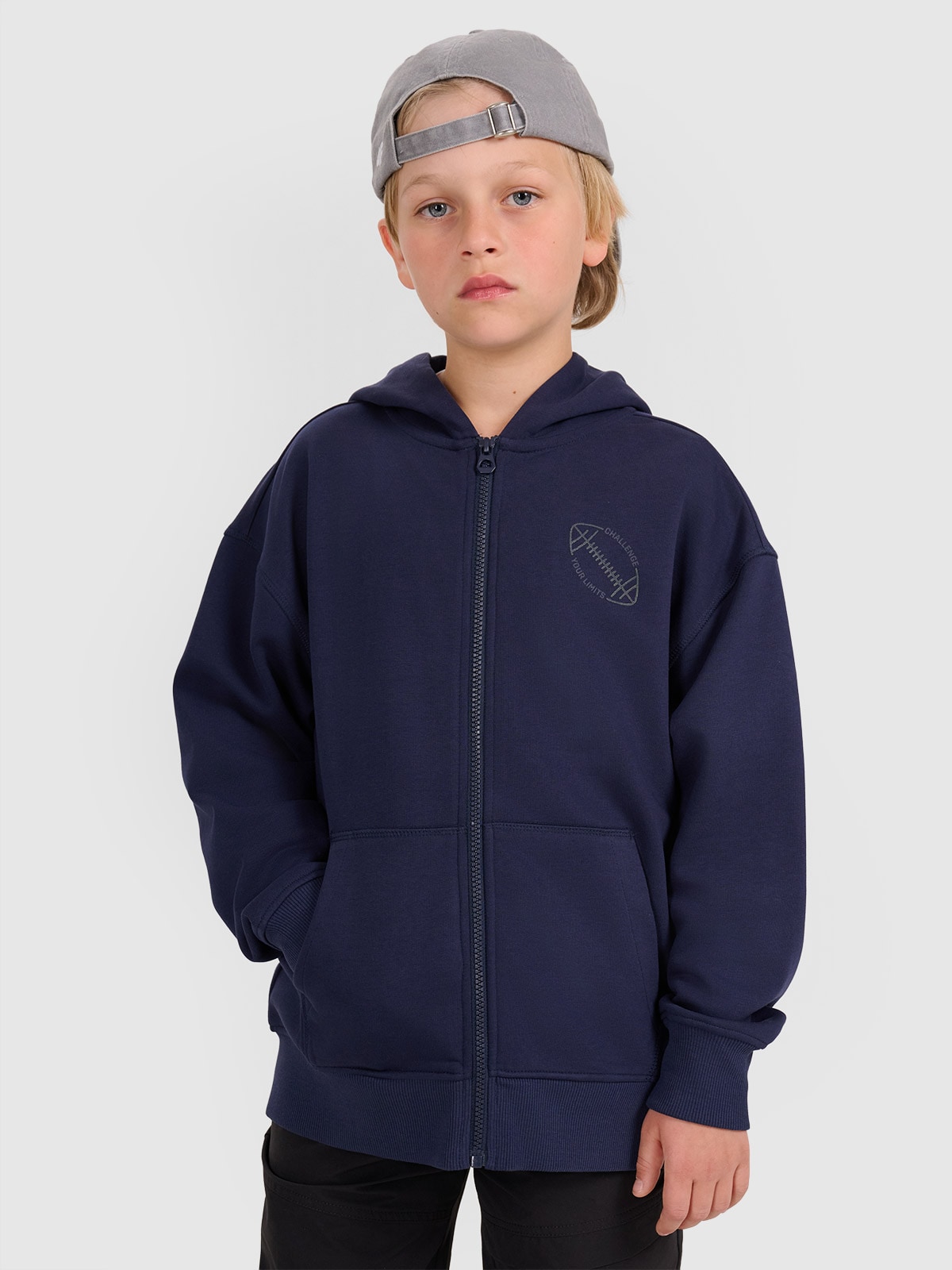Sportinis atsegamas džemperis su gobtuvu berniukams - tamsiai mėlynas