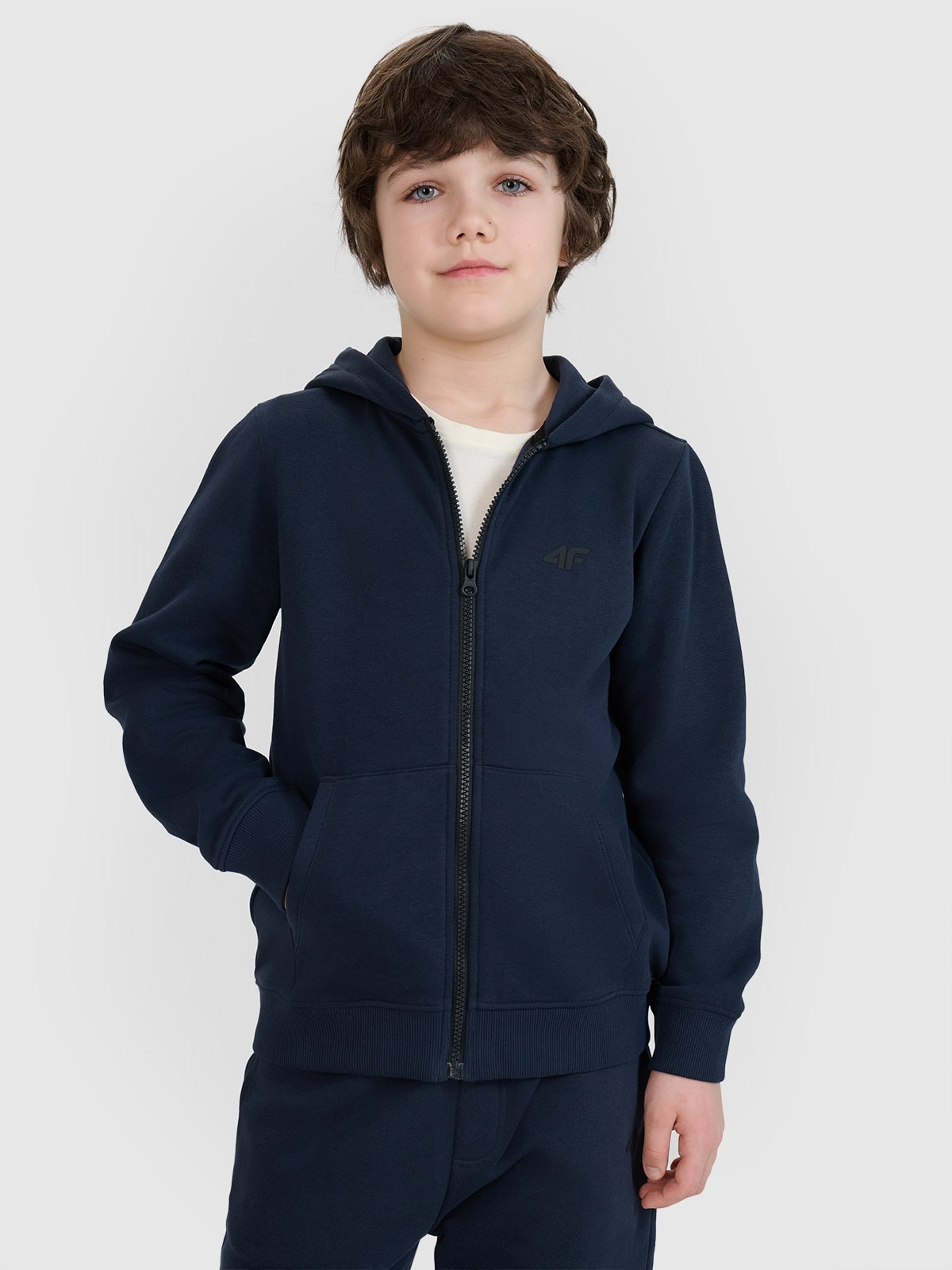 Sportinis atsegamas džemperis su gobtuvu berniukams - tamsiai mėlynas