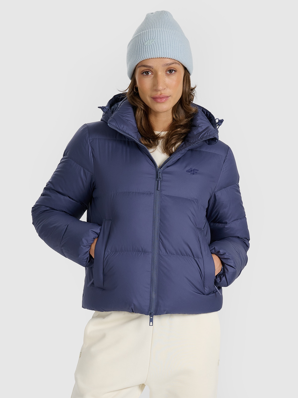 Moteriška striukė su natūralių pūkų kamšalu - tamsiai mėlyna