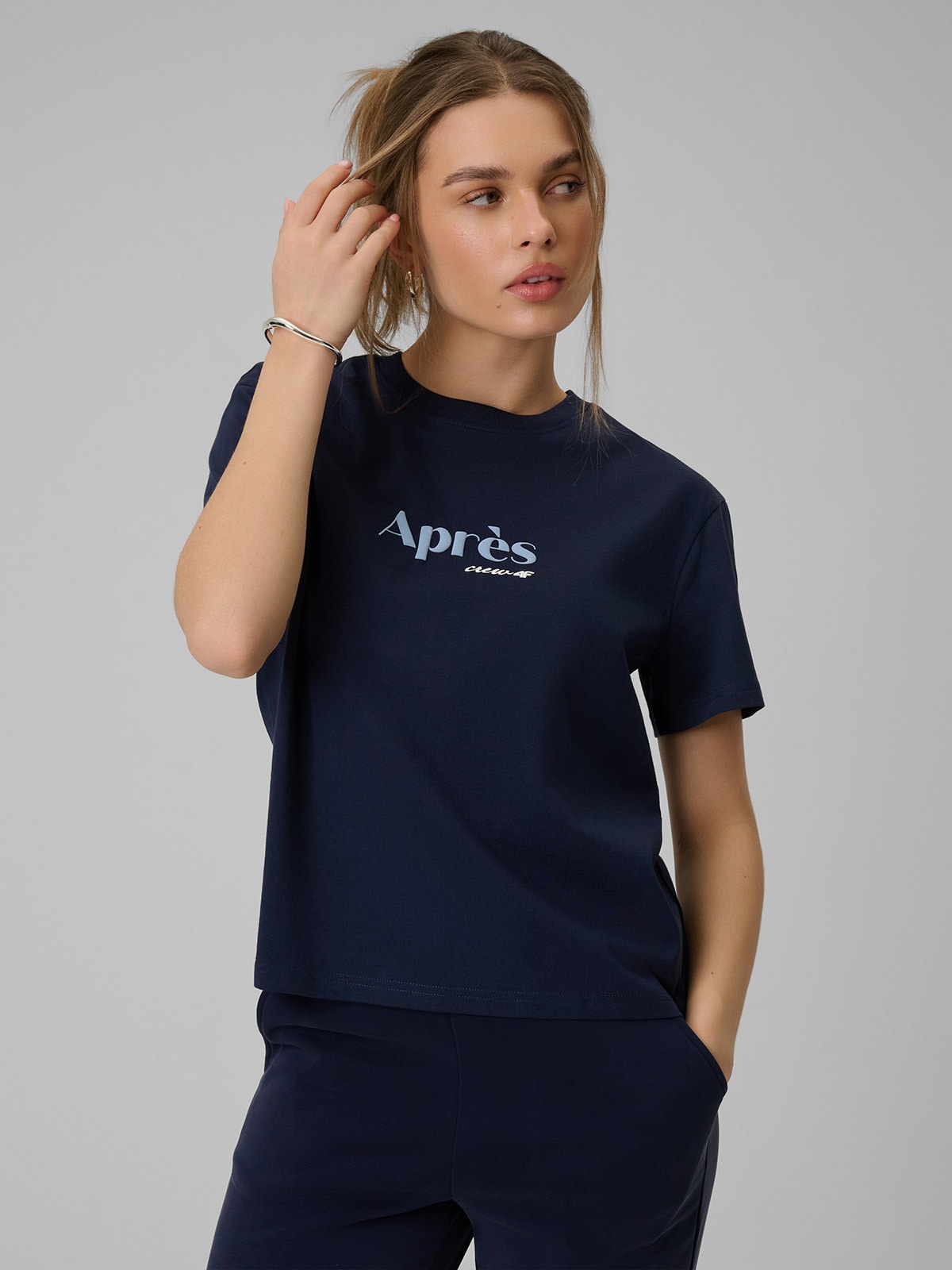 Moteriški T-shirt boxy marškinėliai su spauda - tamsiai mėlyni