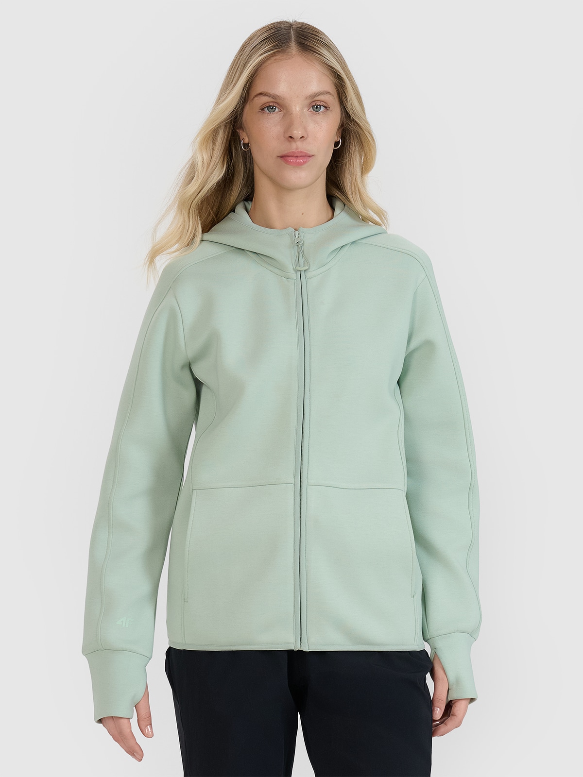 Moteriškas sportinis atsegamas džemperis su gobtuvu - mėtinės spalvos