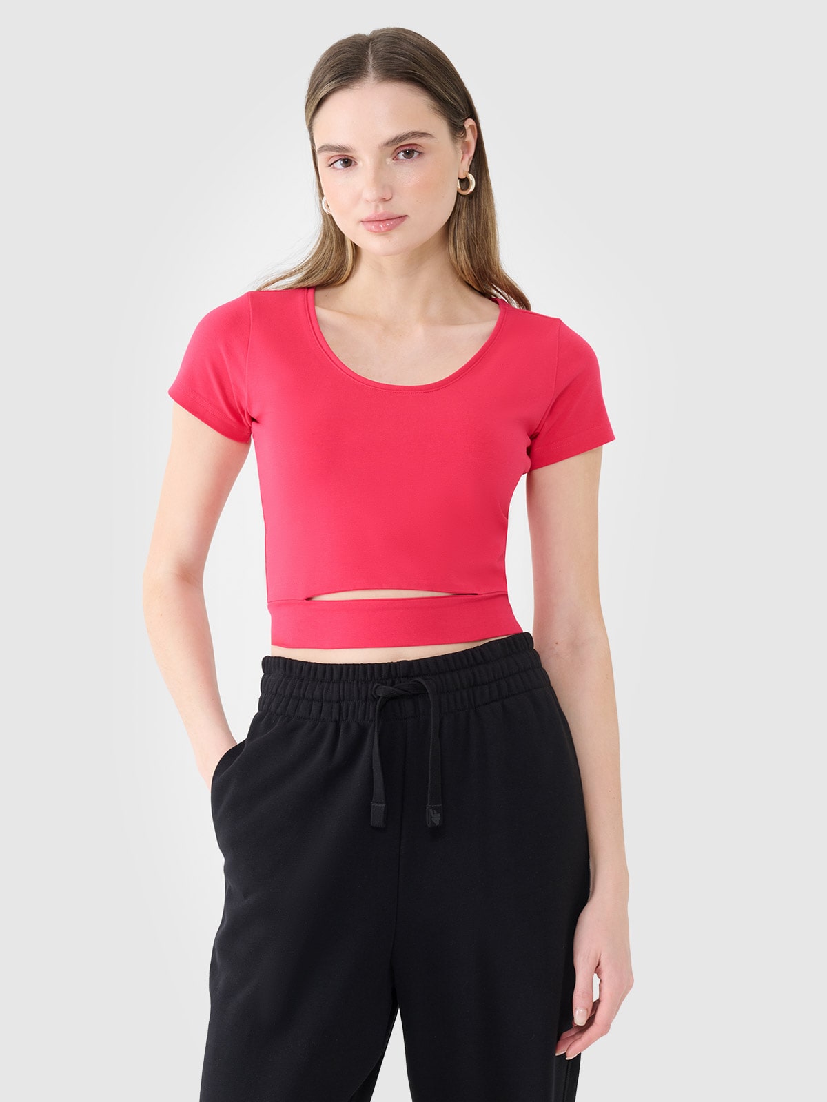 Moteriški T-shirt crop top lygus marškinėliai - rožiniai