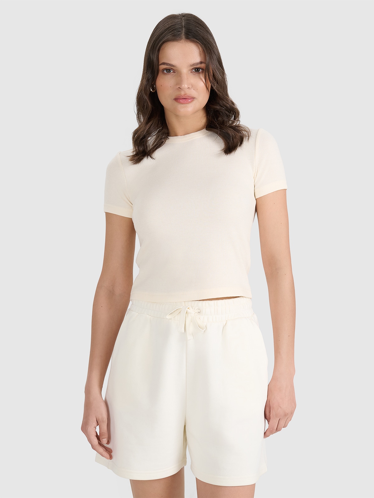 Moteriški T-shirt marškinėliai iš vaflinio audinio - balti