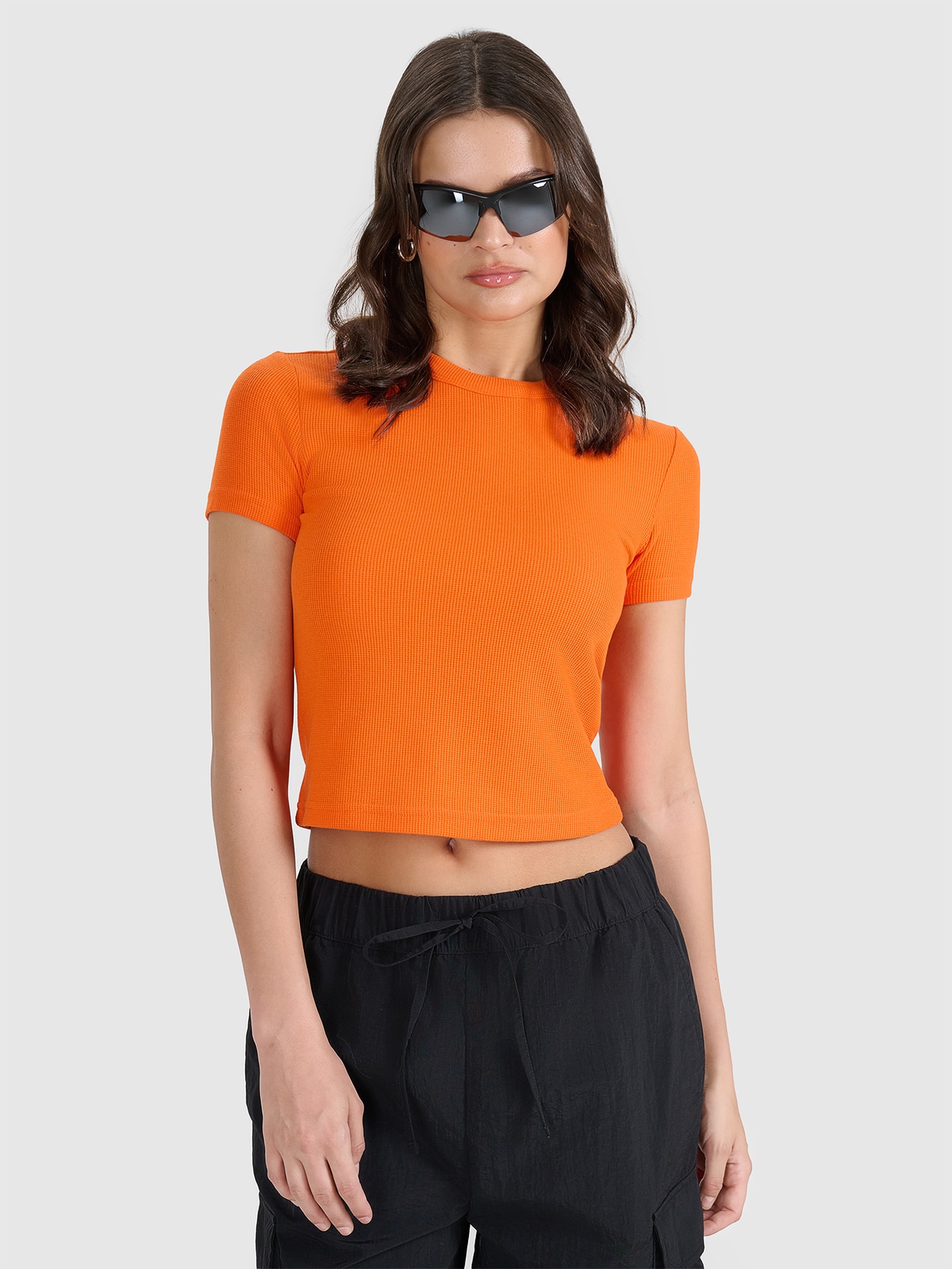 Moteriški T-shirt marškinėliai iš vaflinio audinio - oranžiniai