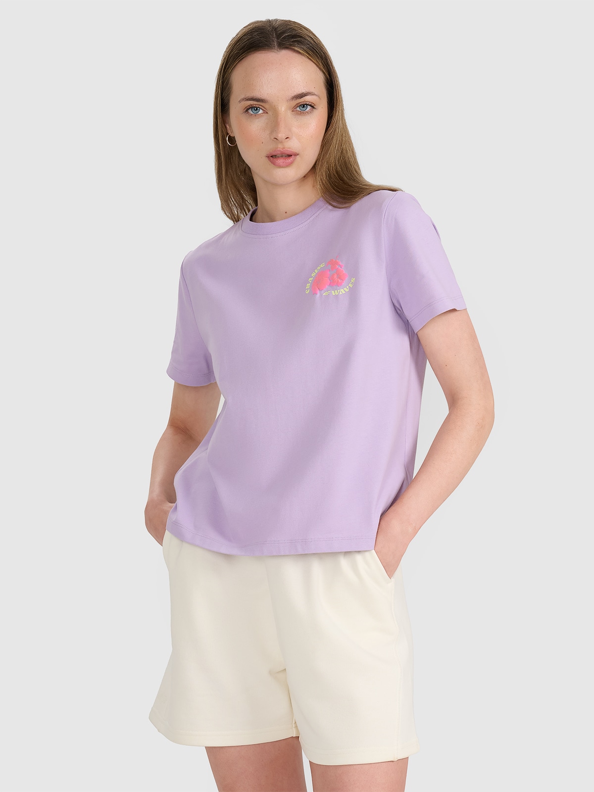 Moteriški T-shirt oversize marškinėliai su grafika - violetiniai