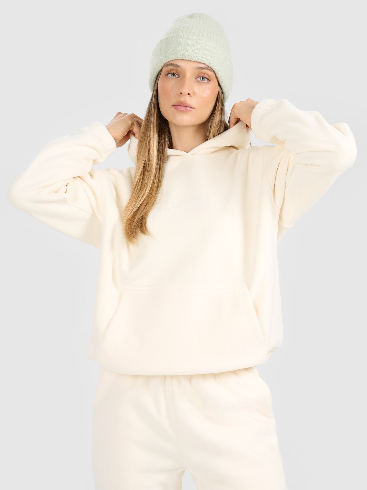 Moteriškas oversize flisas su gobtuvu - baltas