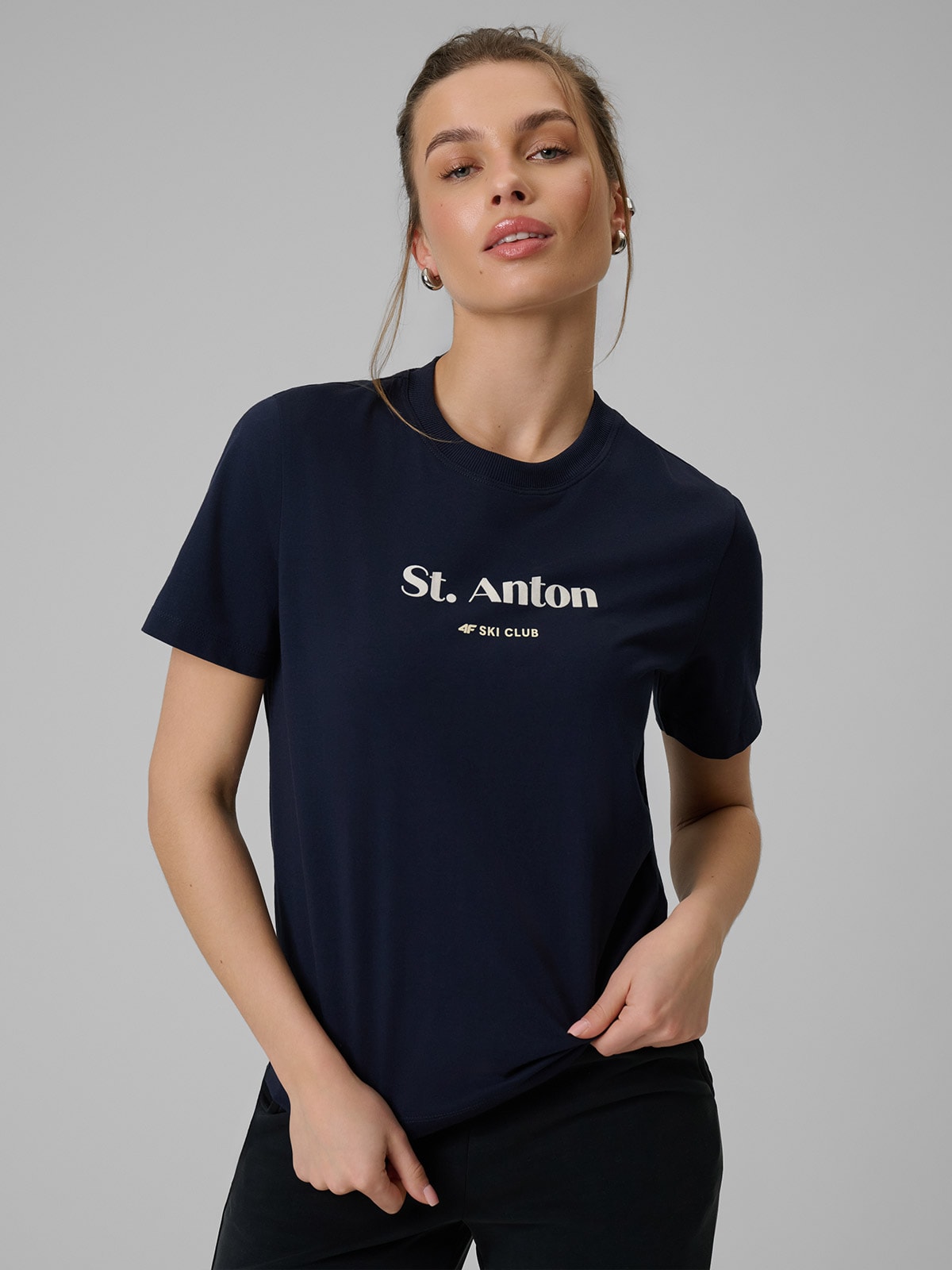 Moteriški T-shirt loose marškinėliai su spauda - tamsiai mėlyni