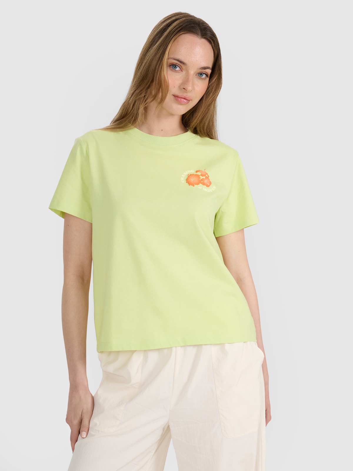 Moteriški T-shirt oversize marškinėliai su spauda - geltoni