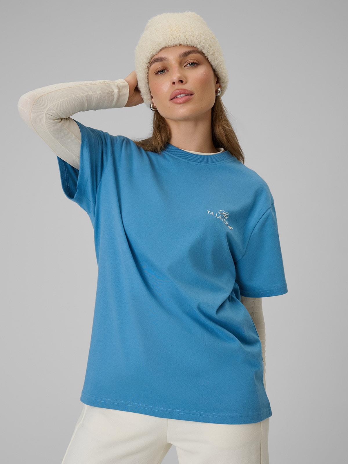 Moteriški T-shirt loose marškinėliai su spauda - tamsiai mėlyni