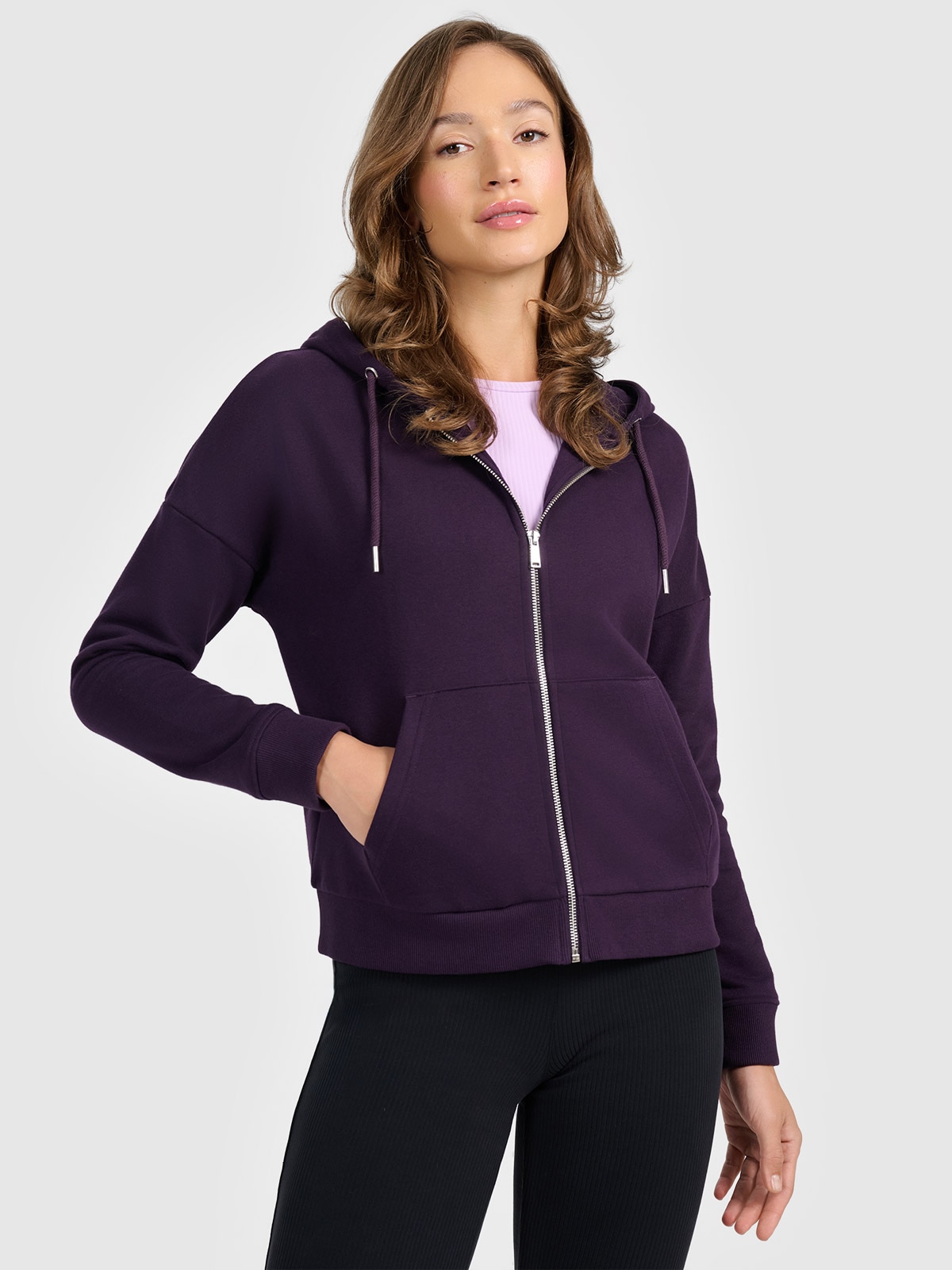 Moteriškas sportinis atsegamas džemperis su gobtuvu - violetinis