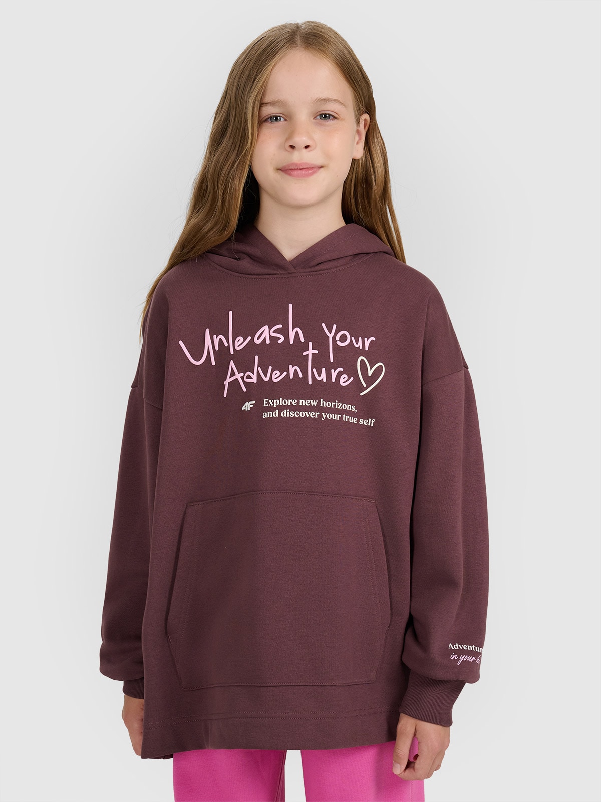 Sportinis oversize neatsegamas džemperis su gobtuvu mergaitėms - ruda