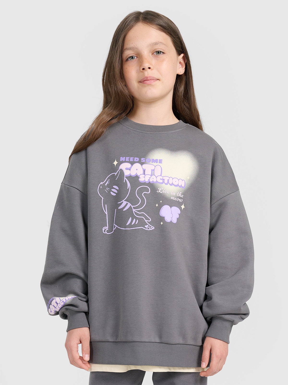 Sportinis oversize neatsegamas džemperis be gobtuvo mergaitėms - pilkas