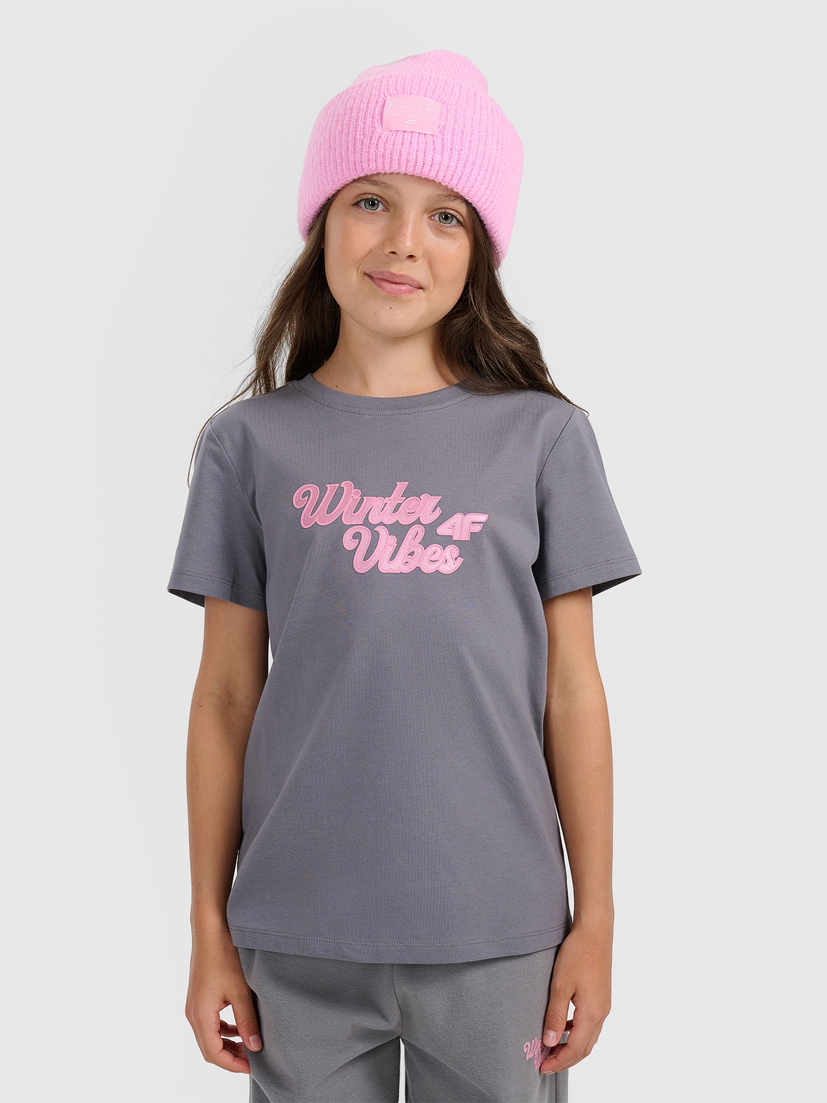 T-shirt regular marškinėliai su spauda mergaitėms - pilki