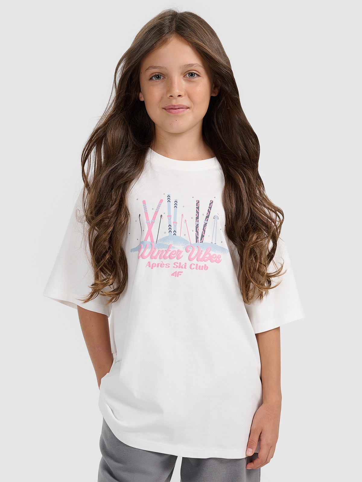 T-shirt loose marškinėliai su spauda mergaitėms - balti