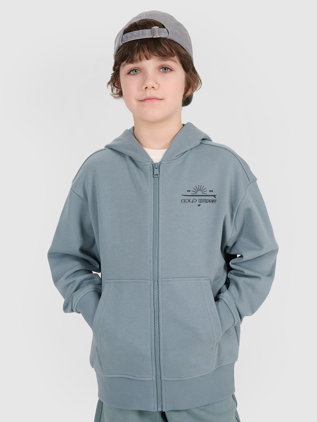 Sportinis atsegamas džemperis su gobtuvu berniukams - turkio spalvos