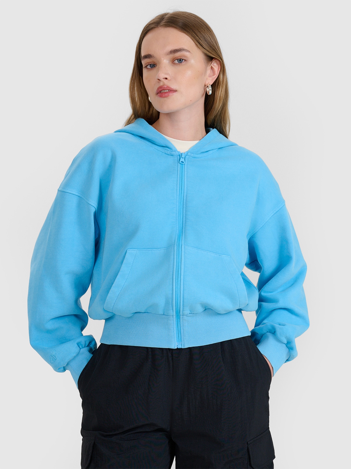 Moteriškas sportinis atsegamas džemperis su gobtuvu - mėlynas