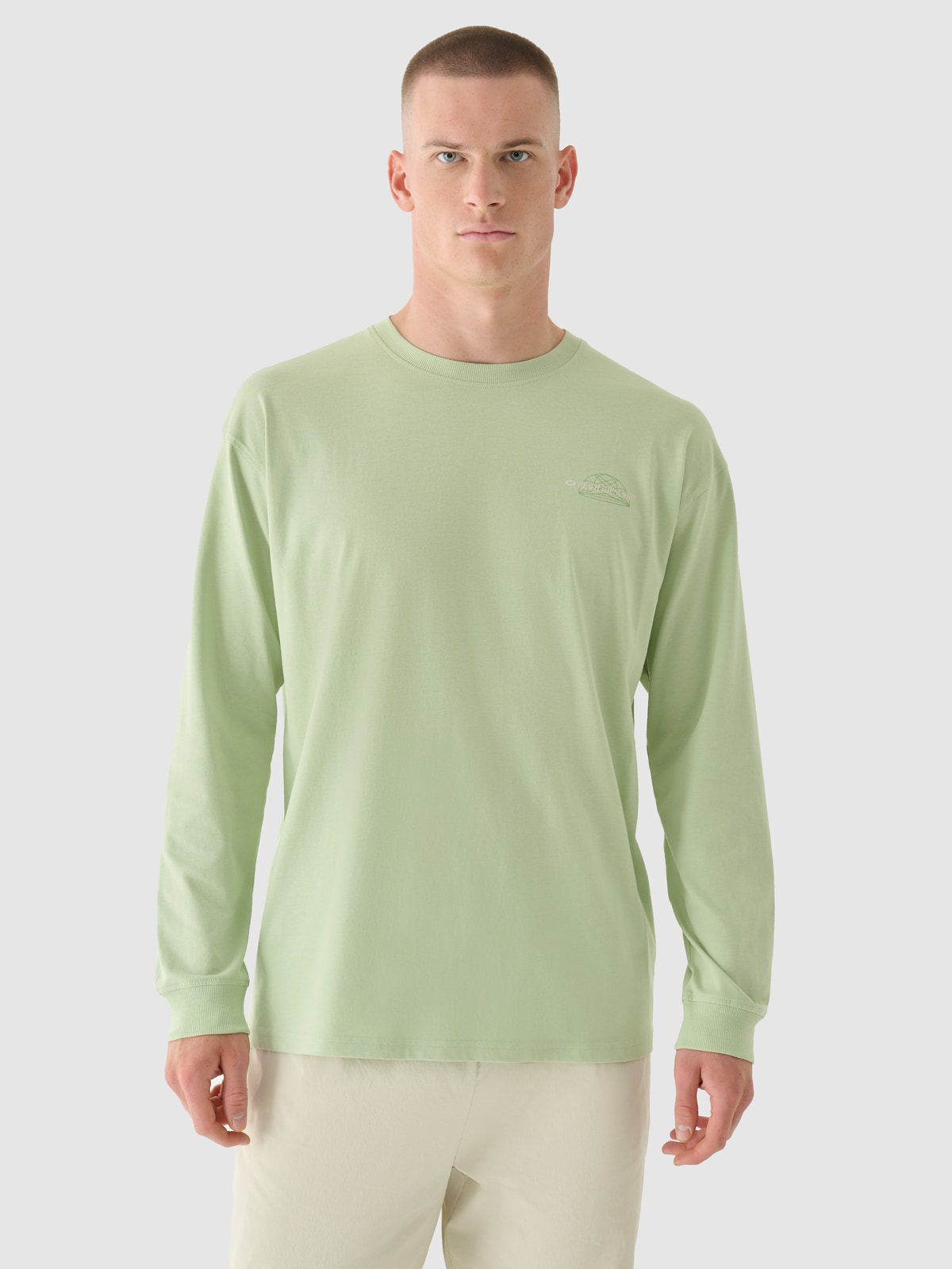 Vyriški Longsleeve oversize marškinėliai su spauda -  alyvuogių/khaki spalvos